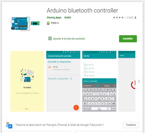 Fenêtre de l'application Arduino bluetooth controller