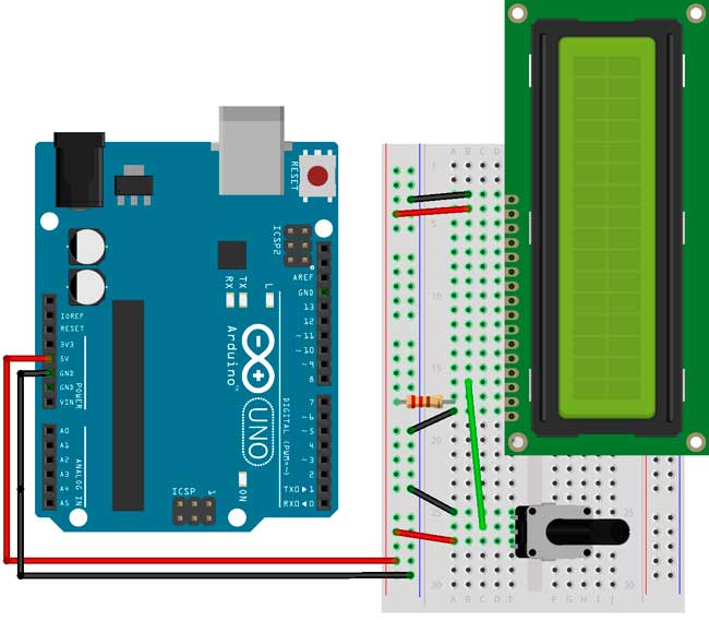 Connexion de l'écran LCD et du potentiomètre à la plaque d' Arduino