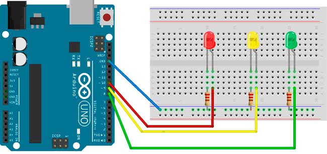 Schéma du feu de signalisation tricolore simple avec Arduino.