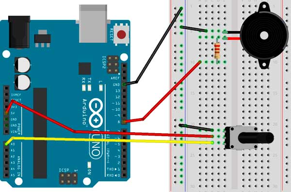 Montage du buzzer avec un potentiomètre sur la plaque d'Arduino.
