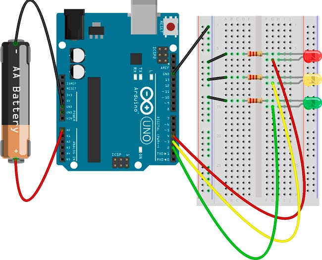 Schéma de connexion du testeur de charge et diodes avec Arduino