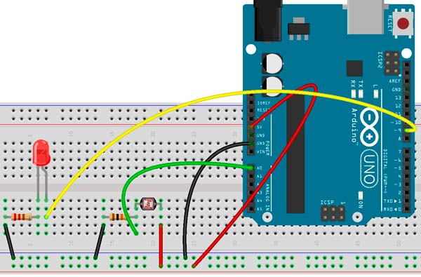 Cablage diode, LDR et Arduino (pwm)