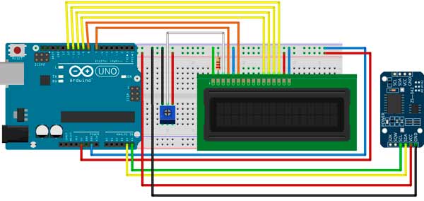 Schéma des connexions entre le module DS3231, l'écran LCD et la carte Arduino.