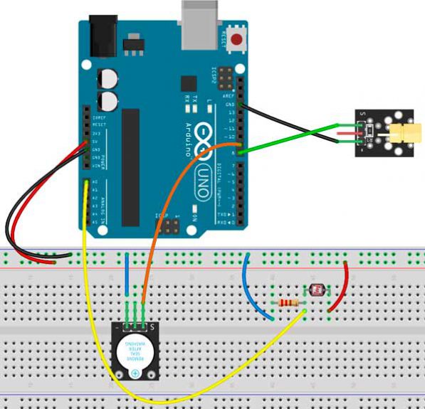 Connexions du module KY-008, LDR, Buzzer et la carte Arduino.
